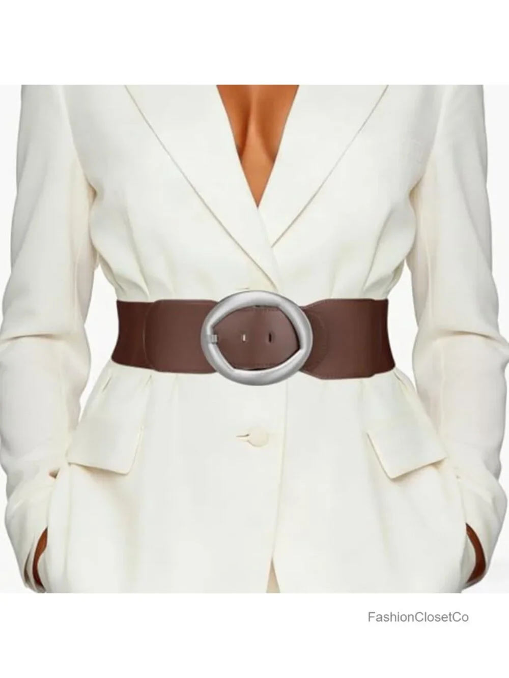 Wide Stretchy Waist Belt Faux Leather Oval Gold Buckle 3 Inch Elastic Dresses